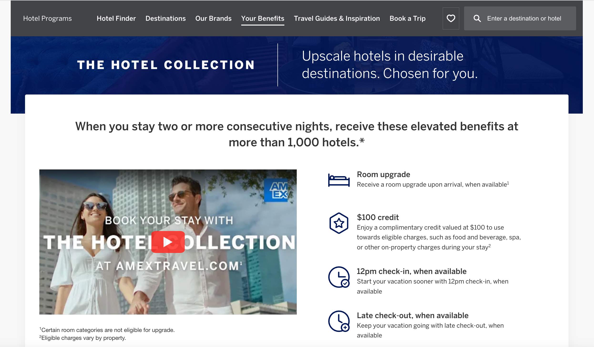 Screenshot of a American Express Fine Hotels + Resorts page breaking down the perks of book through them.