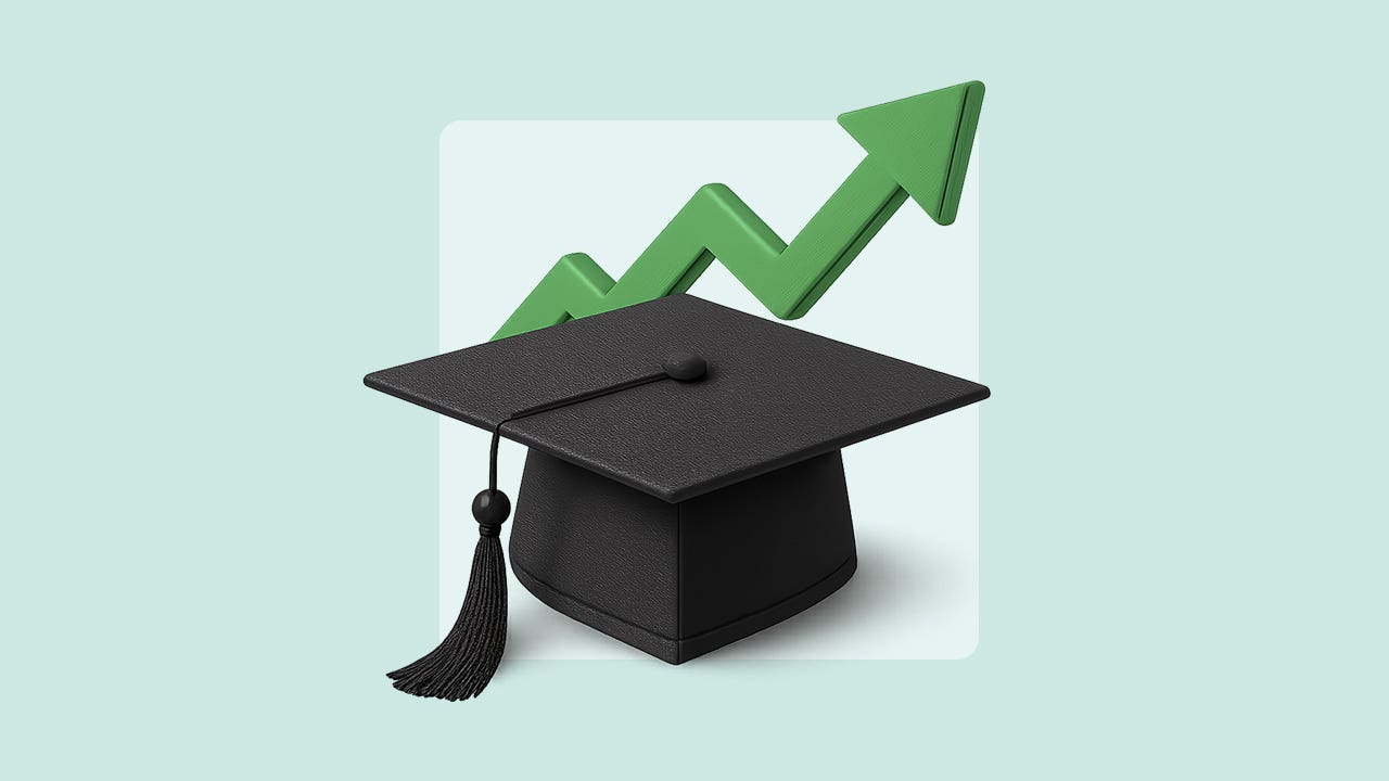 Black graduation cap with green upward trend arrow in the background