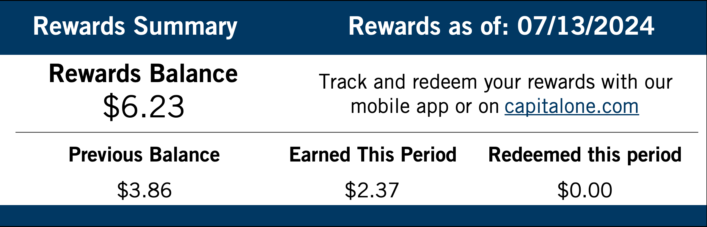 Screenshot of rewards earned from Savor card
