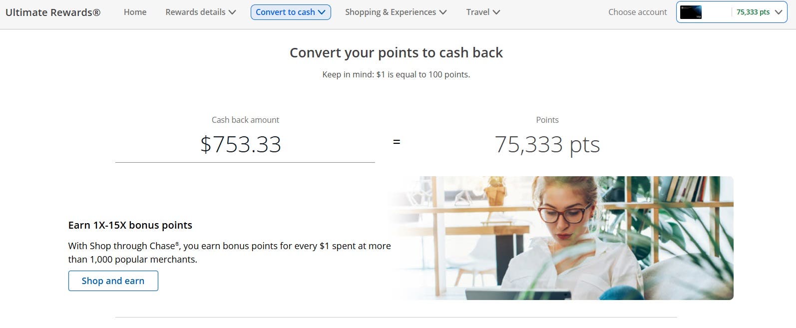 Screenshot showing option to convert points to cash back
