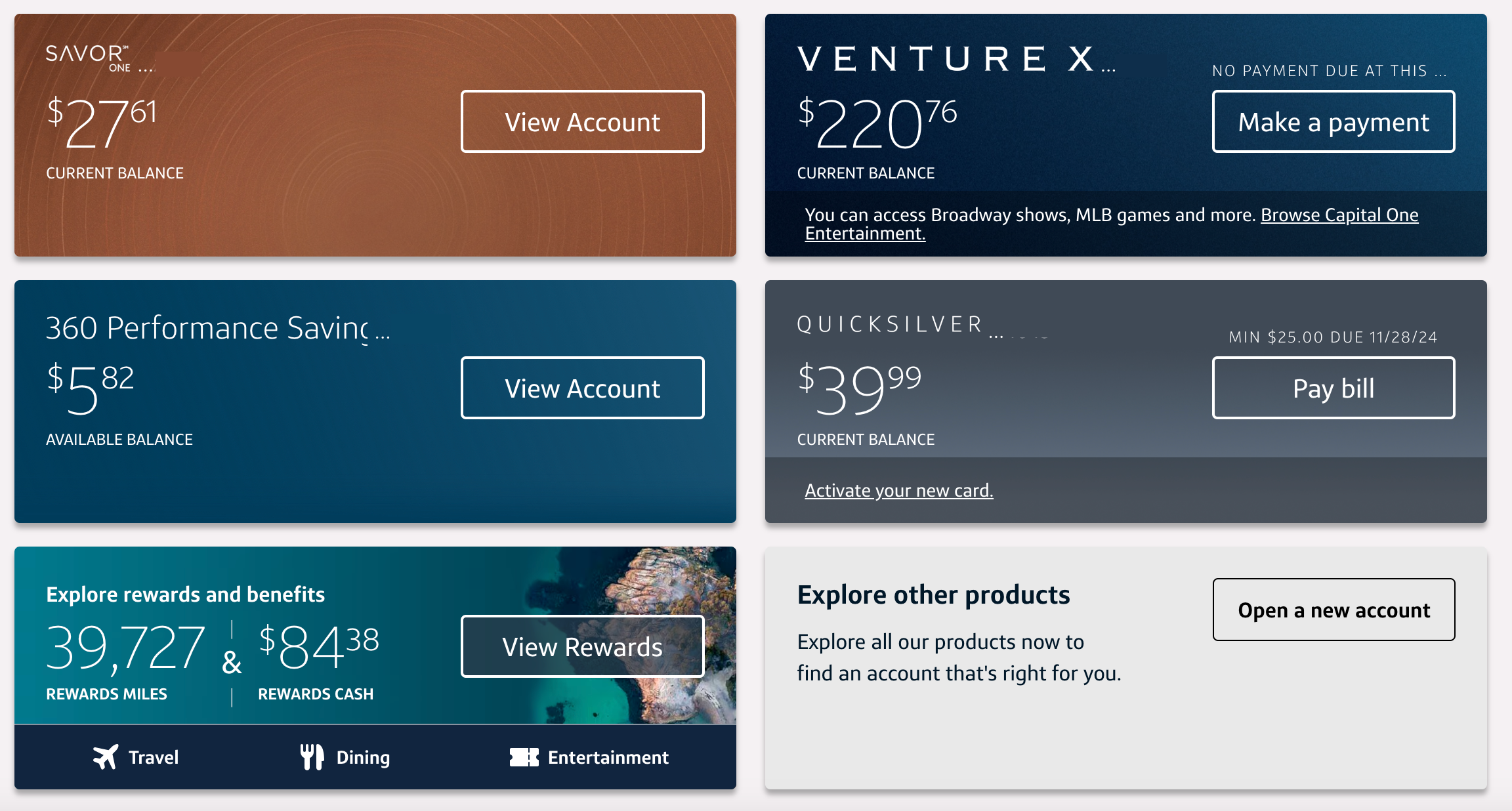 Screenshot of Capital One card dashboard