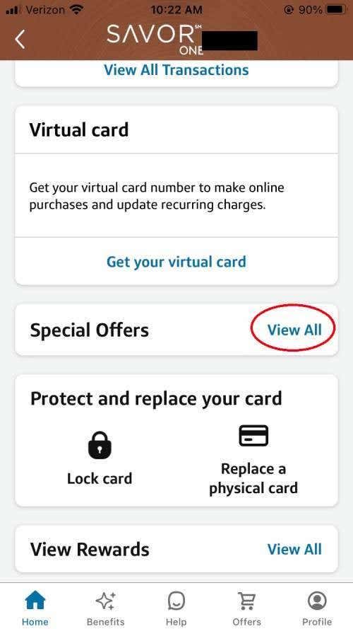 Savor One mobile dashboard special offers