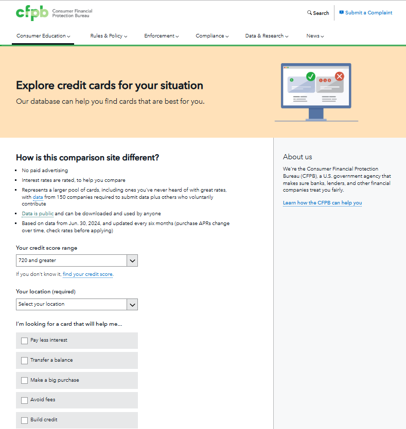 A screenshot of the CFPB Explore Credit Cards tool landing page