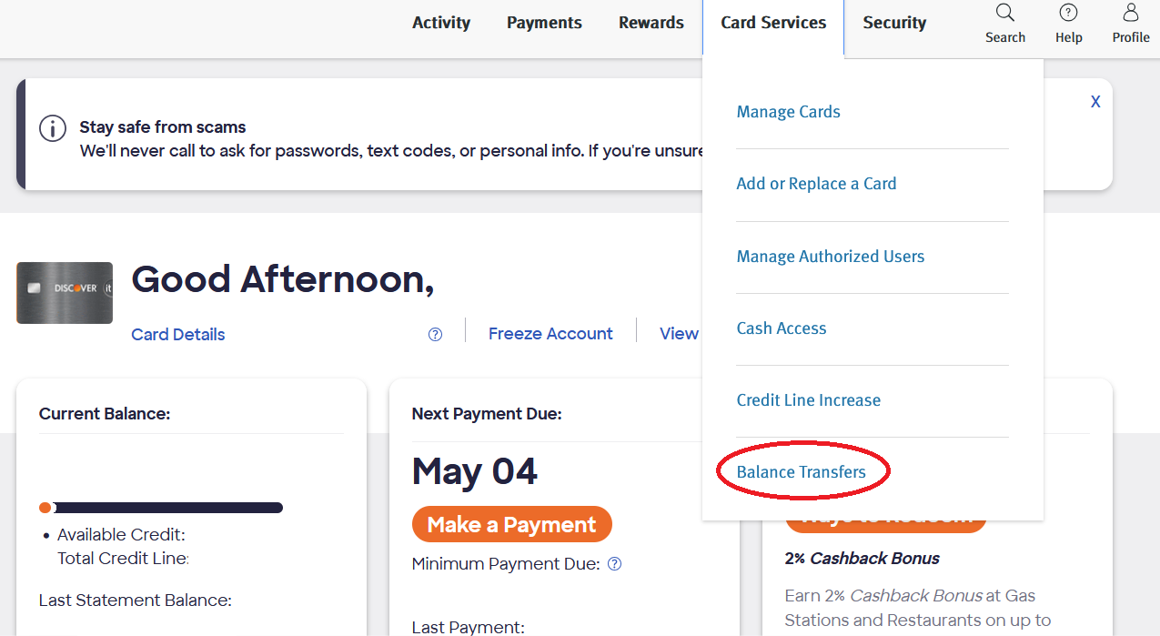 Navigate to the "balance transfers" page