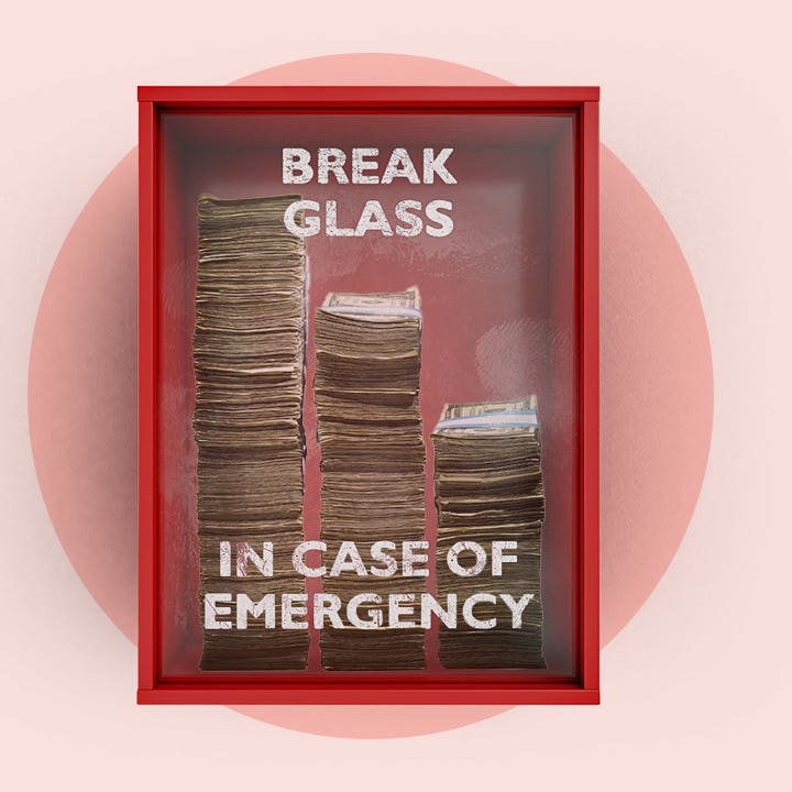 Design element of a fire alarm that says break glass in case of emergency with stacks of cash inside