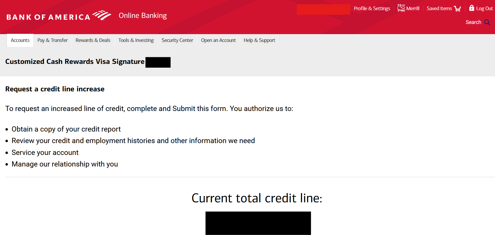 Bank of America "Request a credit line" form