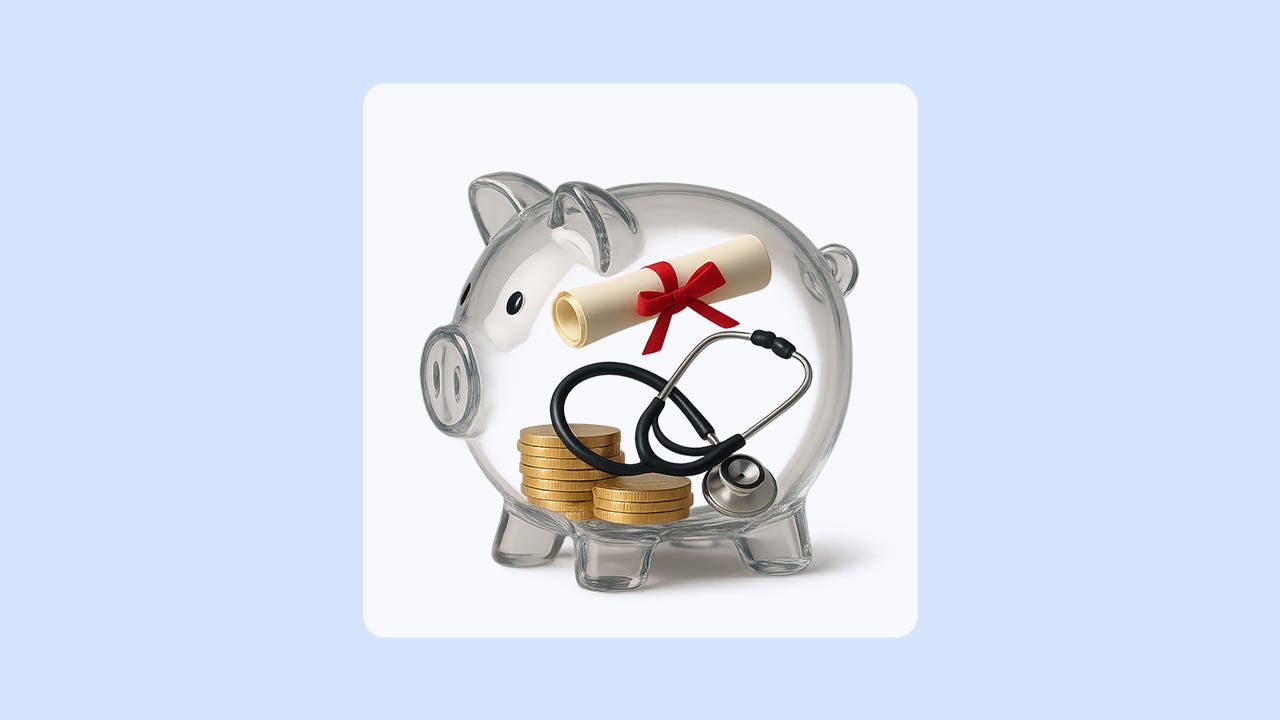 Illustration showing clear glass piggy bank with a diploma, a stethoscope and money inside.
