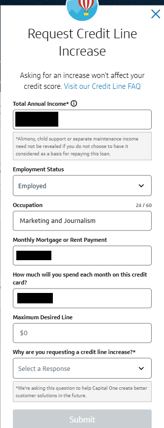 An image demonstrating the type of information you'll need to provide for a credit limit increase on Capital One's website.