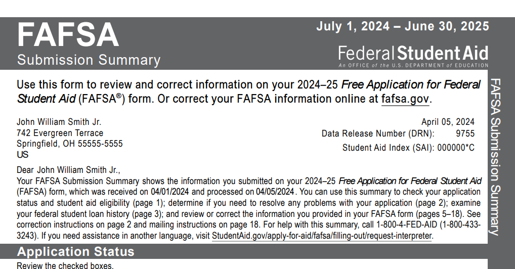 A sample FAFSA Submission Summary for the fictional student John Smith Jr. The screenshot includes the Submission Summary's introduction, which details when the FAFSA was submitted and processed and lists what is included in the document.