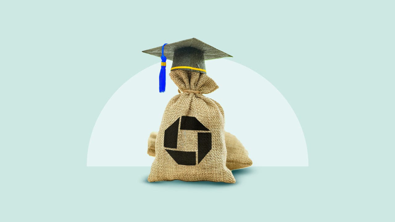 Bag of money with Chase logo wearing a black graduation cap