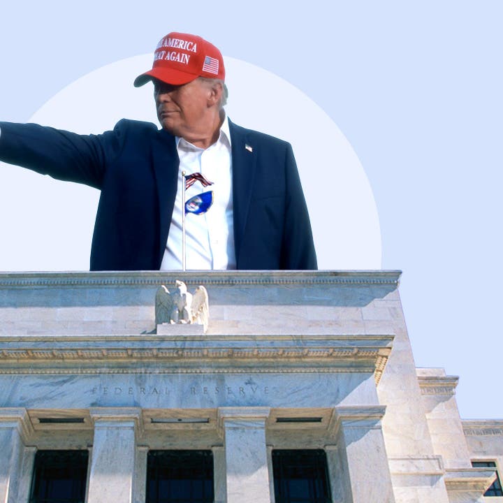 Stylized image of Trump wearing a Maga hat pointing to the left above the Federal Trade building.