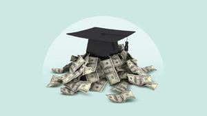 Image of a pile of money with a graduation cap sitting on top of it.