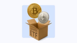 Bitcoin and Ethereum coins fall into a cardboard box marked crypto ETF.