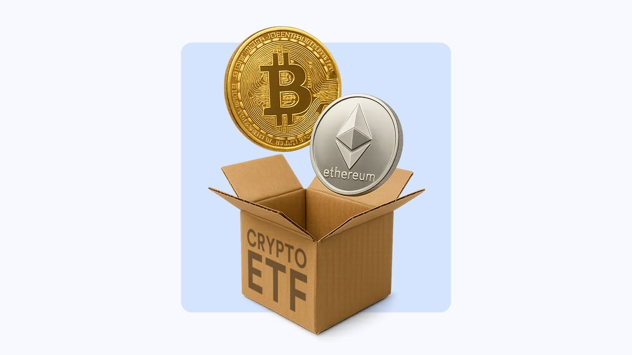 Bitcoin and Ethereum coins fall into a cardboard box marked crypto ETF.