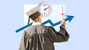Image showing, in the foreground, the back of a graduate in full cap and gown holding up a rolled diploma in their right hand. In the background, there is a large compass in the upper middle of the image above a blue jagged arrow going from the lower middle of the image to the upper right of the image.