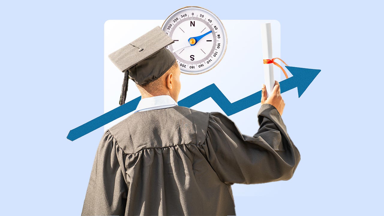 Image showing, in the foreground, the back of a graduate in full cap and gown holding up a rolled diploma in their right hand. In the background, there is a large compass in the upper middle of the image above a blue jagged arrow going from the lower middle of the image to the upper right of the image.