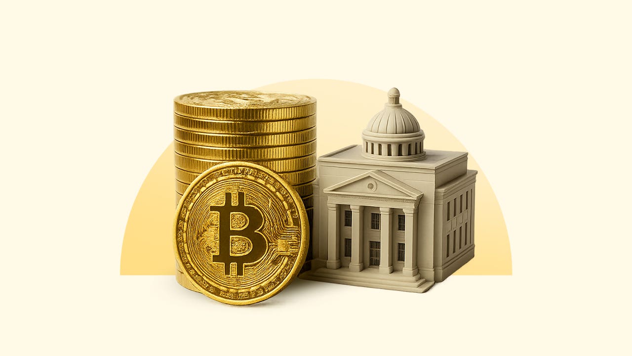 Graphic showing stack of bitcoins next to a federal building.