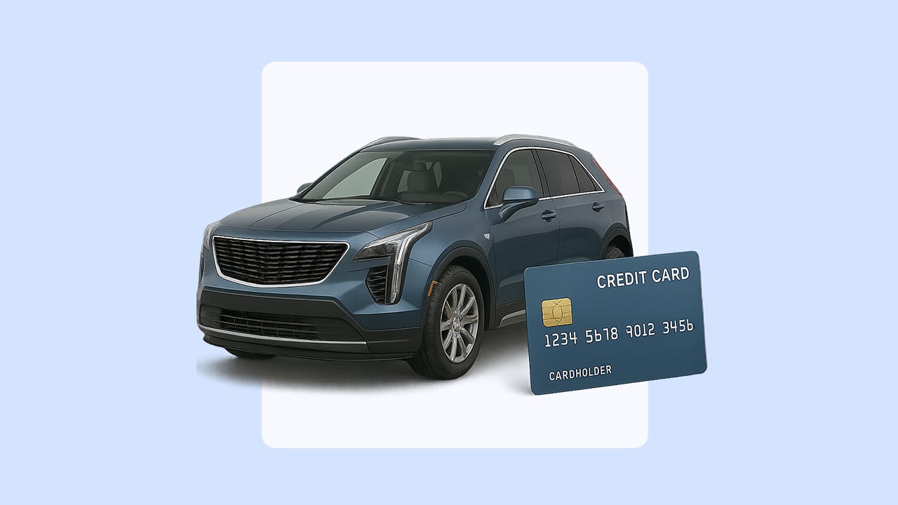 Design element including a car with a large credit card leaning next to it.