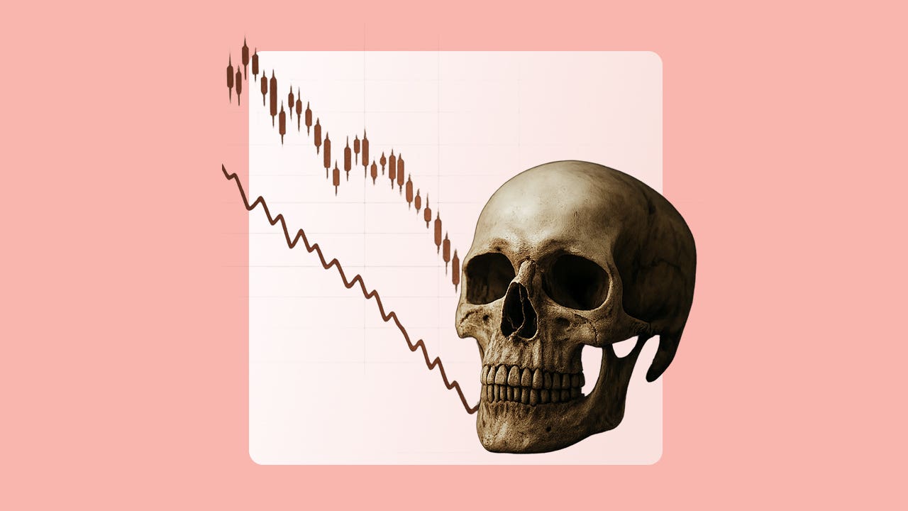 Image of a human skull at the end of a declining line graph on a light pink background.