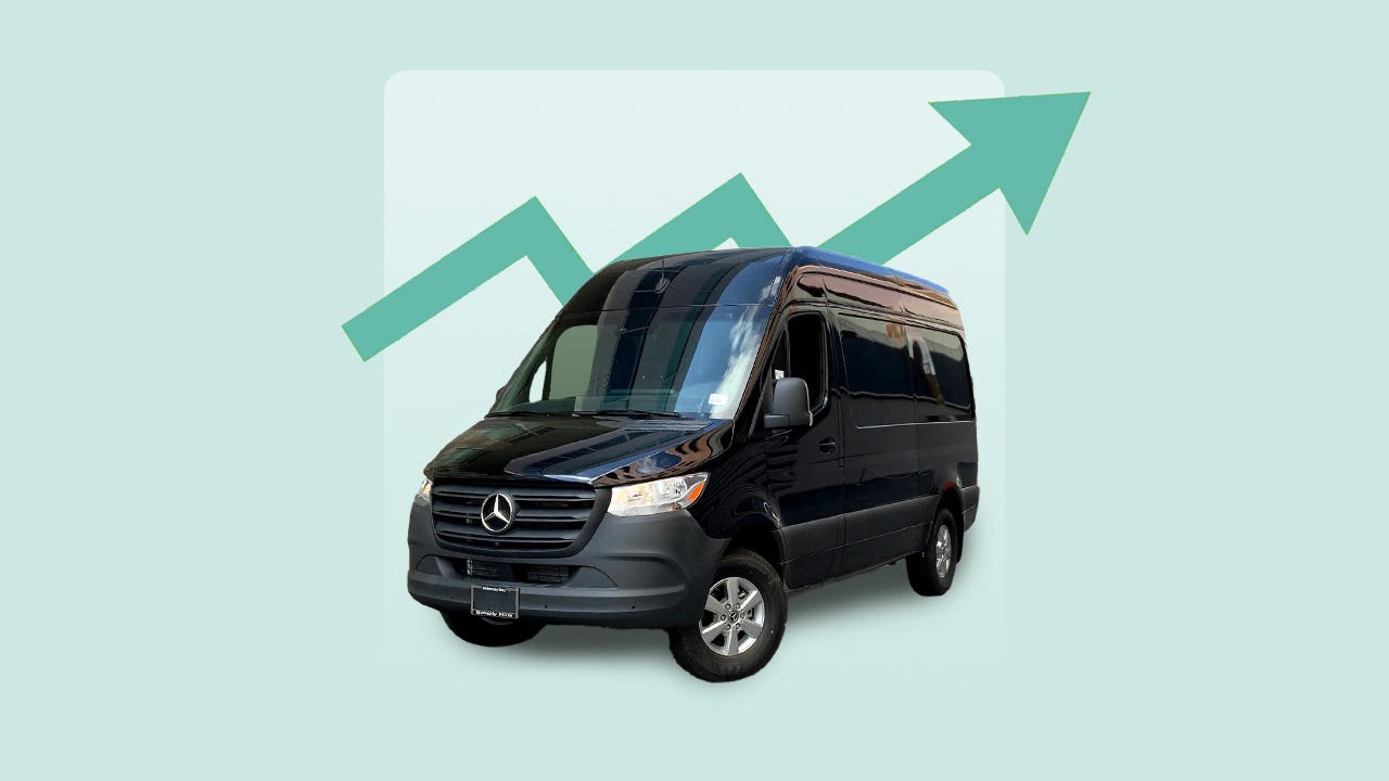 A black Sprinter van is seen against a green arrow that trends upward