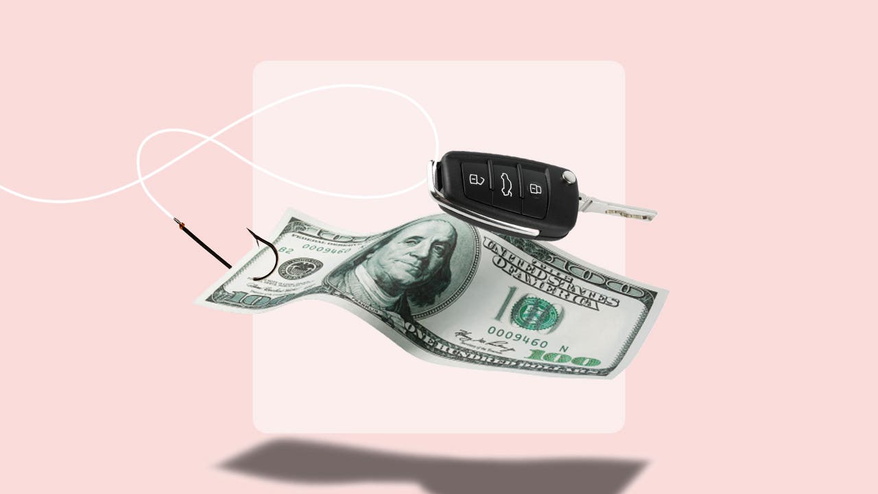 A hundred dollar bill and a set of car keys being hooked by a fishing line
