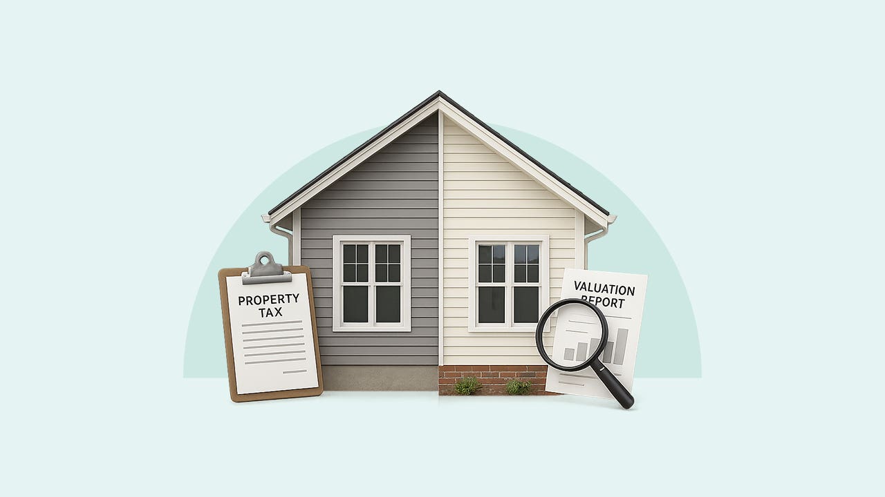 Design element featuring half of two homes combined to form one home with a property tax report on one side and a valuation report on the other side