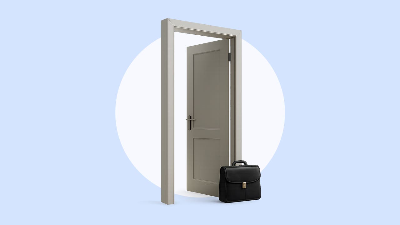 On a light blue background there is an image of a free standing open door with a black briefcase sitting to the side of the door.