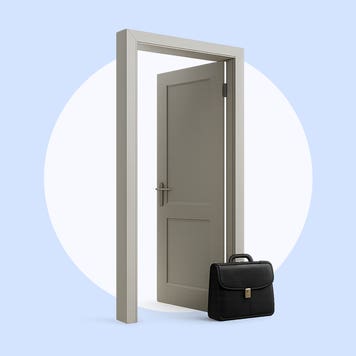 On a light blue background there is an image of a free standing open door with a black briefcase sitting to the side of the door.