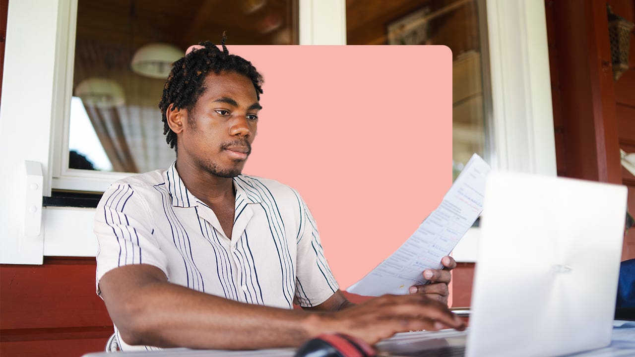 a design image of a young man on his laptop and holding a piece of paper