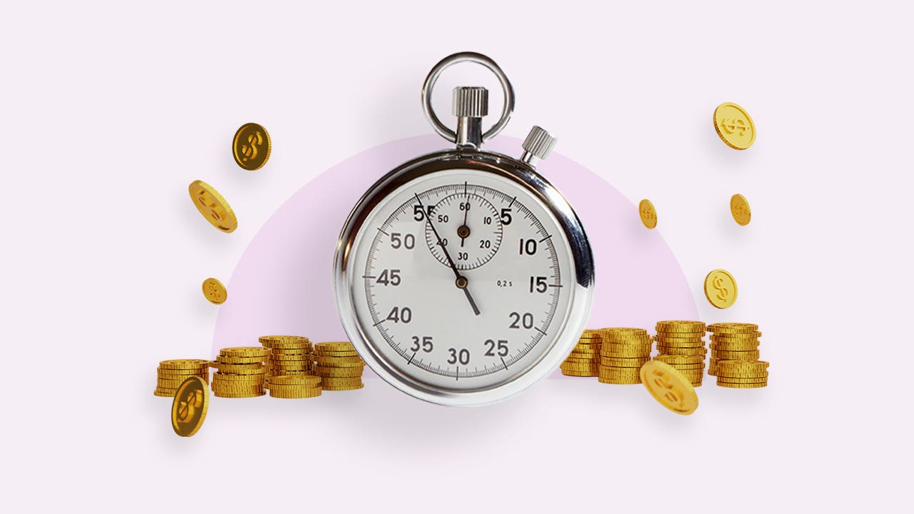 Stopwatch with coins around it on an illustrated pink background.