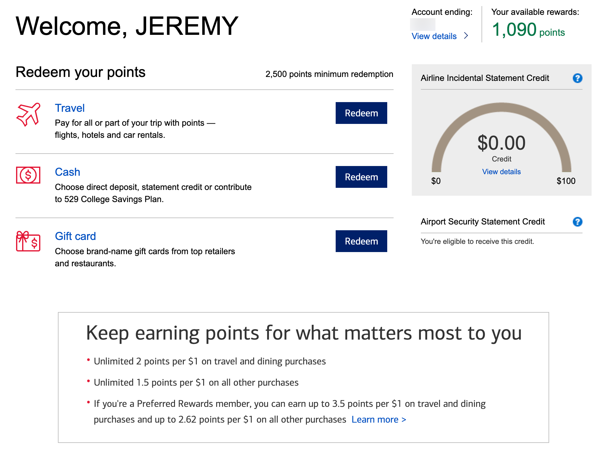 Bank of America Premium Rewards credit card reward options