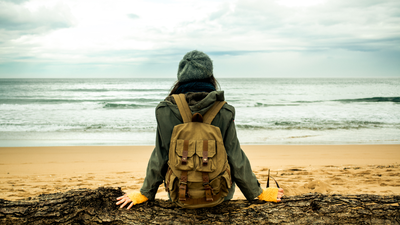 Adult woman sitting on a log contemplating the sea on the beach in the winter