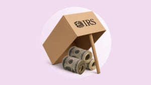 Illustration showing rolls of dollar bills under an IRS trap.