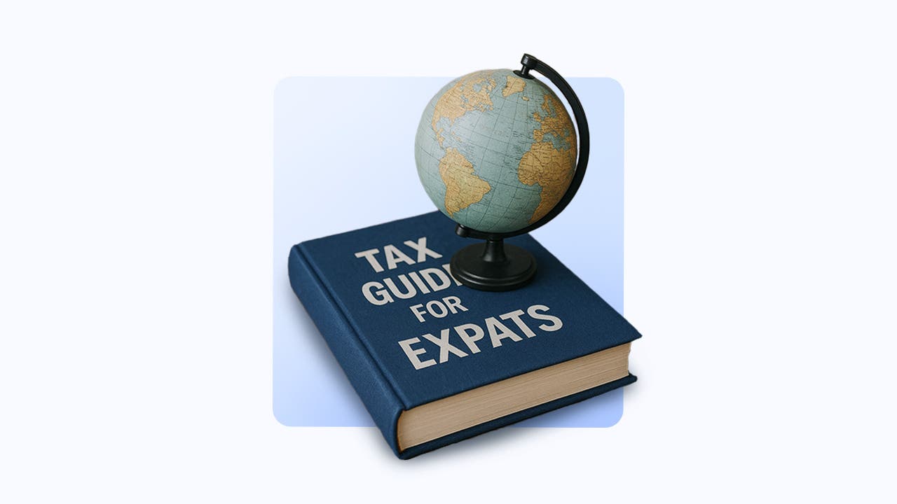 Illustration that includes a globe and a book titled tax guide for expats.
