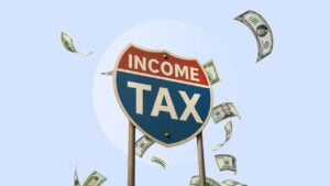Illustration that shows a state highway sign with the words "income tax" and dollars floating in the sky around it.