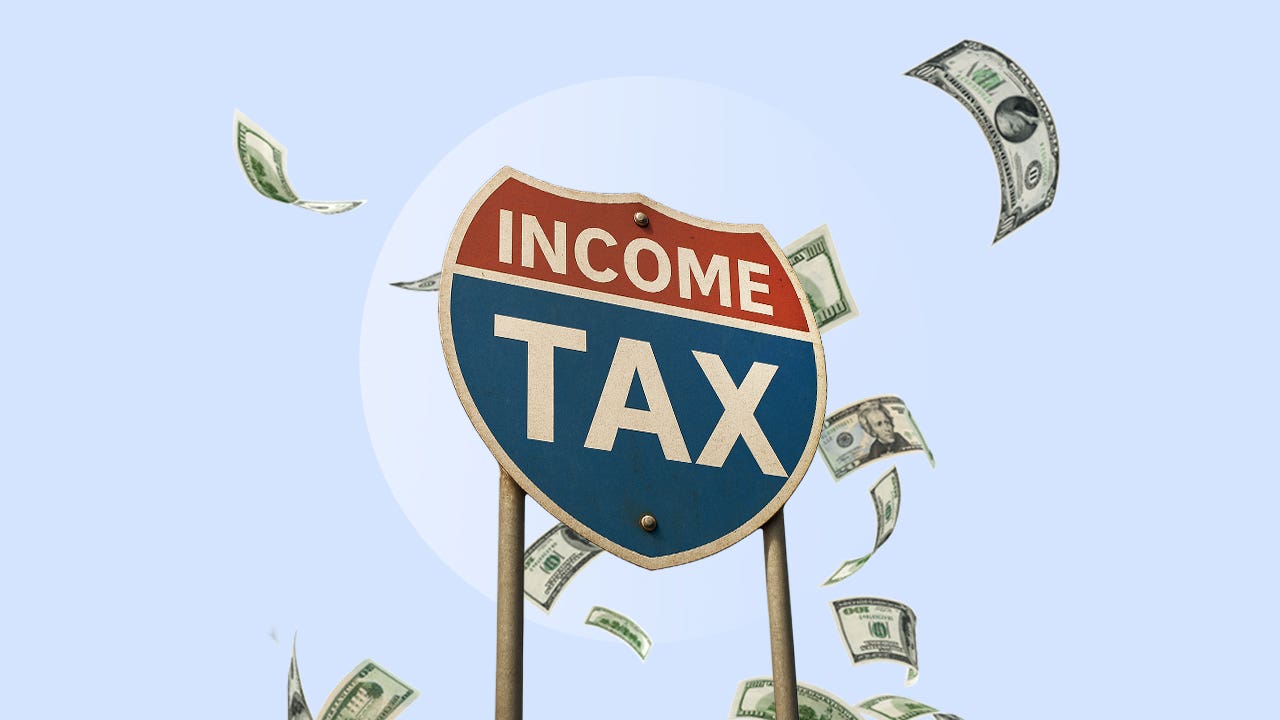 Illustration that shows a state highway sign with the words "income tax" and dollars floating in the sky around it.