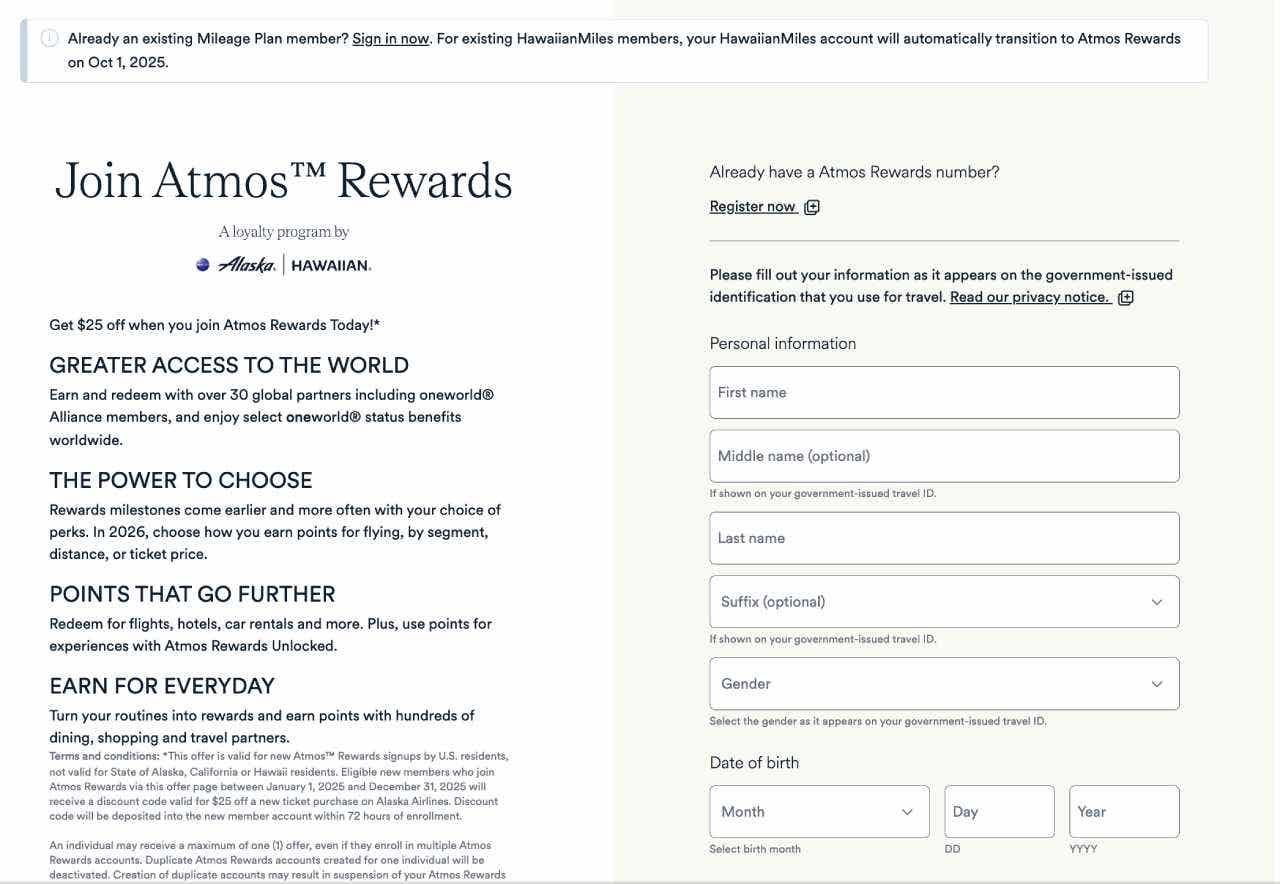 Screenshot of Atmos Rewards signup page