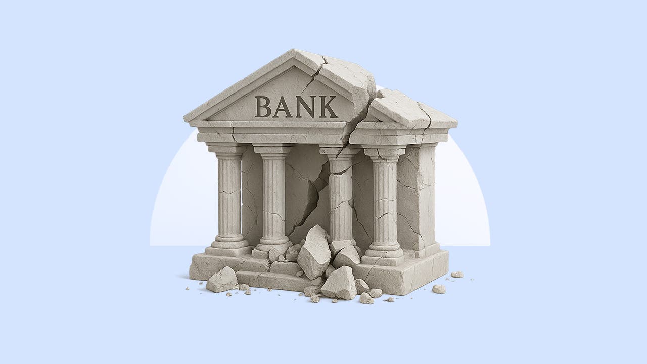 A crumbling bank building