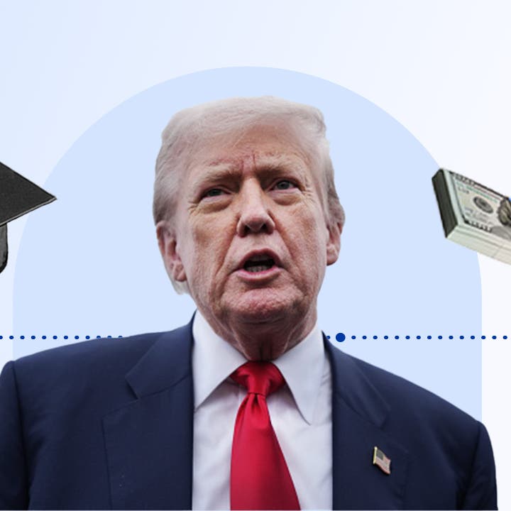 design image of trump and a graduation cap and a money next to him