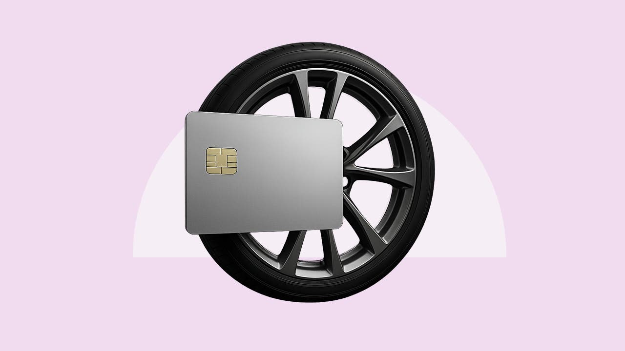 Design element of a tire, with a credit card in front of it.