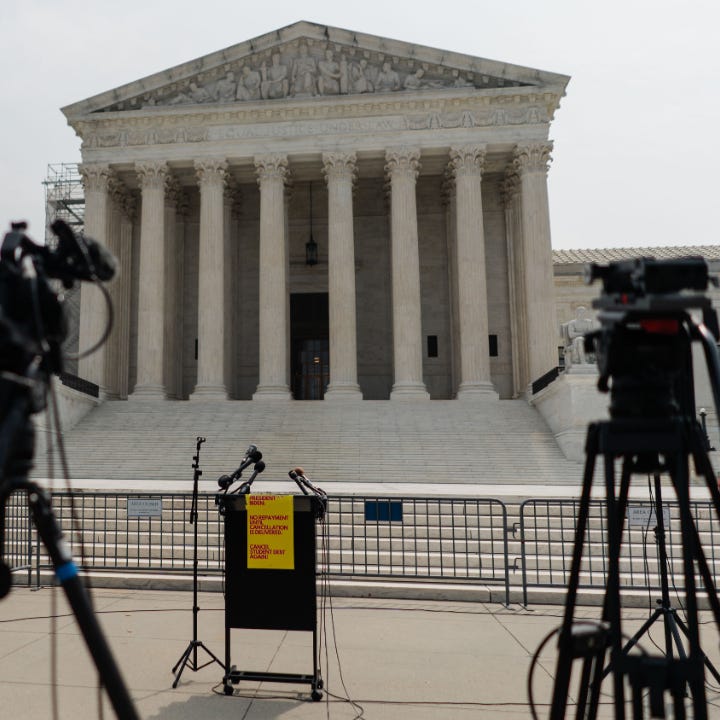 Video cameras point at an empty podium outside the US Supreme Court