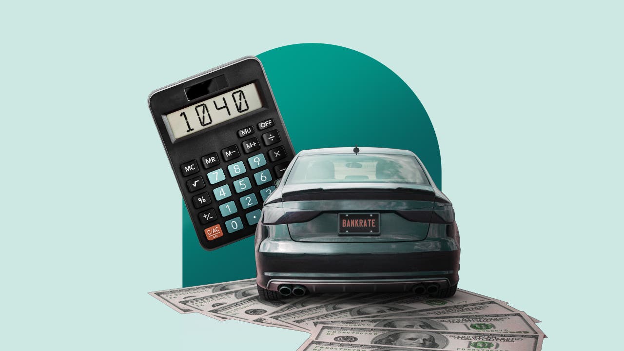 An illustration of a sedan parked on top of U.S. $100 bills. There is a calculator in the midground and the background is a mint green.