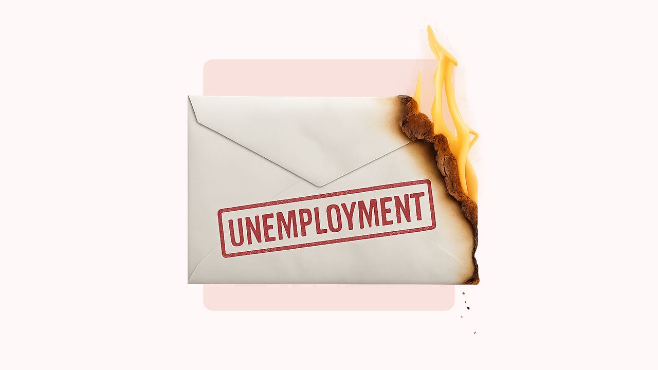 Illustration showing an envelope with the word unemployment on it starting to catch fire.