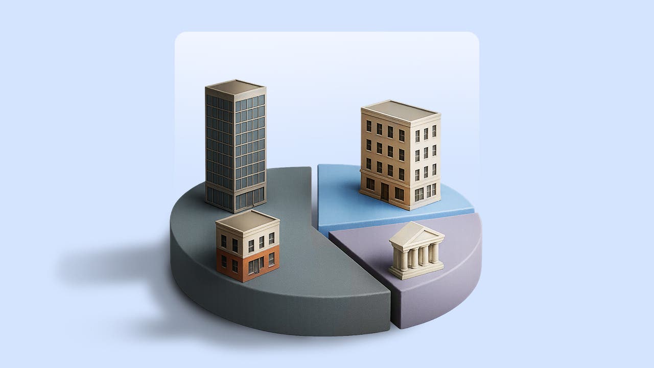 Illustration of pie chart with little buildings on the three segments.