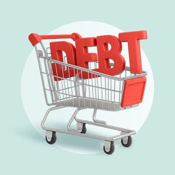 An illustrated shopping cart with the word "debt" inside it on a pale green background.