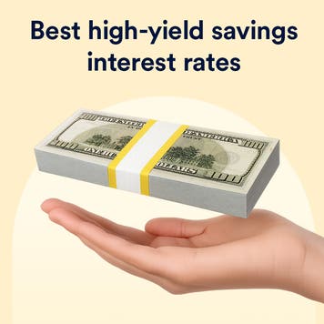 Illustration of stack of money with headline that says best high-yield savings interest rates