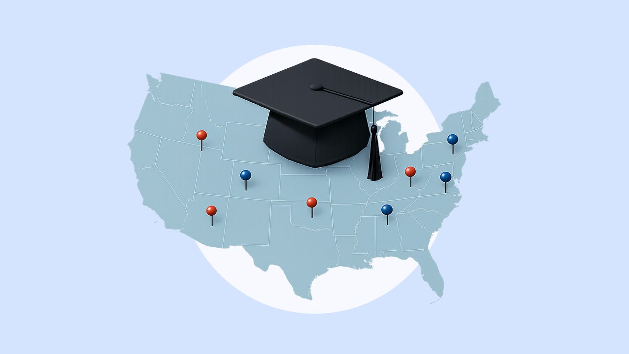 A stylized map of the United State of America with a few red and blue place marker pins pinned in various areas of the map. There is a large college graduation cap sitting on the top of the map.
