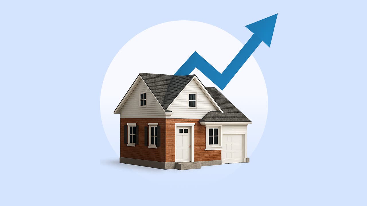 house over a white circle background with a trending up arrow