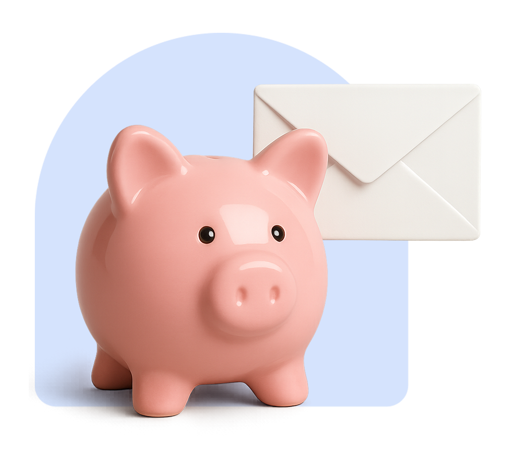 A pink piggy bank and white envelope in front of a light blue arched square